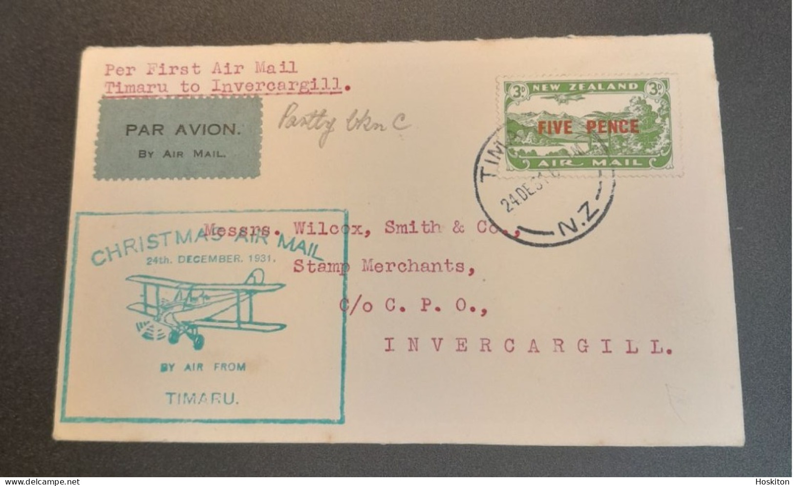 1931-24 Dec Special Christmas Survey Flights Cat62y Timaru-Invercargill - Lettres & Documents