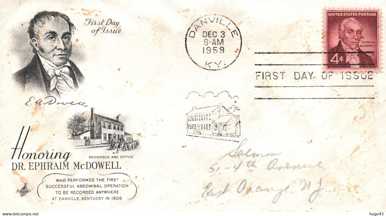 (RECTO / VERSO)  HONORING DR. EPHRAIM Mc DOWELL IN 1959 - BEAU TIMBRE - DOS AVEC TRACES DE COLLE - FDC - 1951-1960