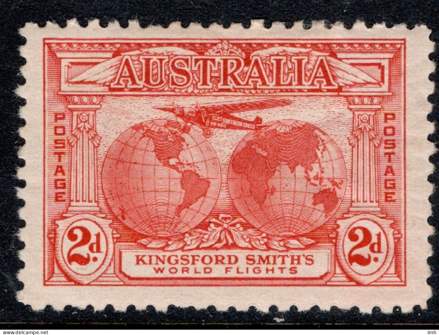1931 Australia SG 121  2d Red  Kingsford Smith's Flights, Airplane, Globes Maps. Mint Lightly Hinged. Cat £2.25 - Mint Stamps