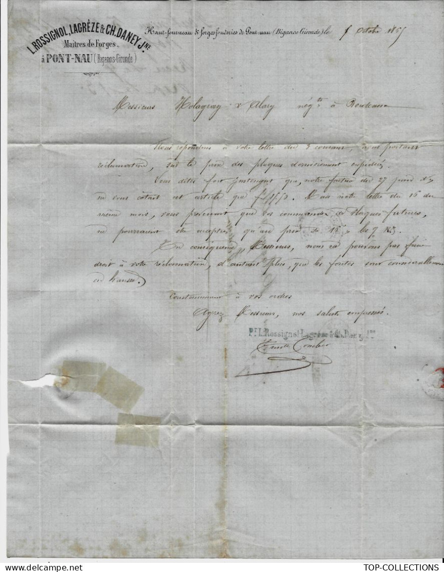 BASSIN ARCACHON 1865 ENTETE L.Rossignol Lacrèze & Ch. Daney Jeune  Forges à Pont Nau Biganos Gironde  > Holagray Alary - 1800 – 1899