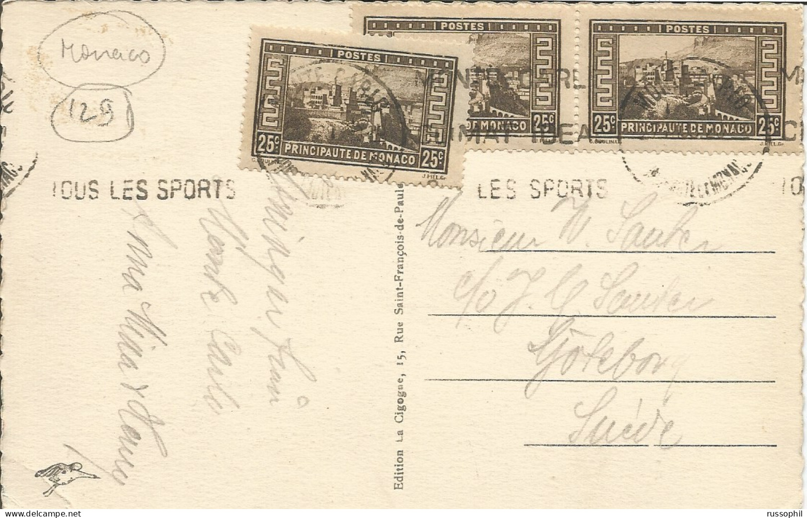 MONACO - 75 CENT FRANKING ( Yv. #121 X 3) ON PC (VIEW OF MONTE CARLO) TO SWEDEN - 1938 - Covers & Documents