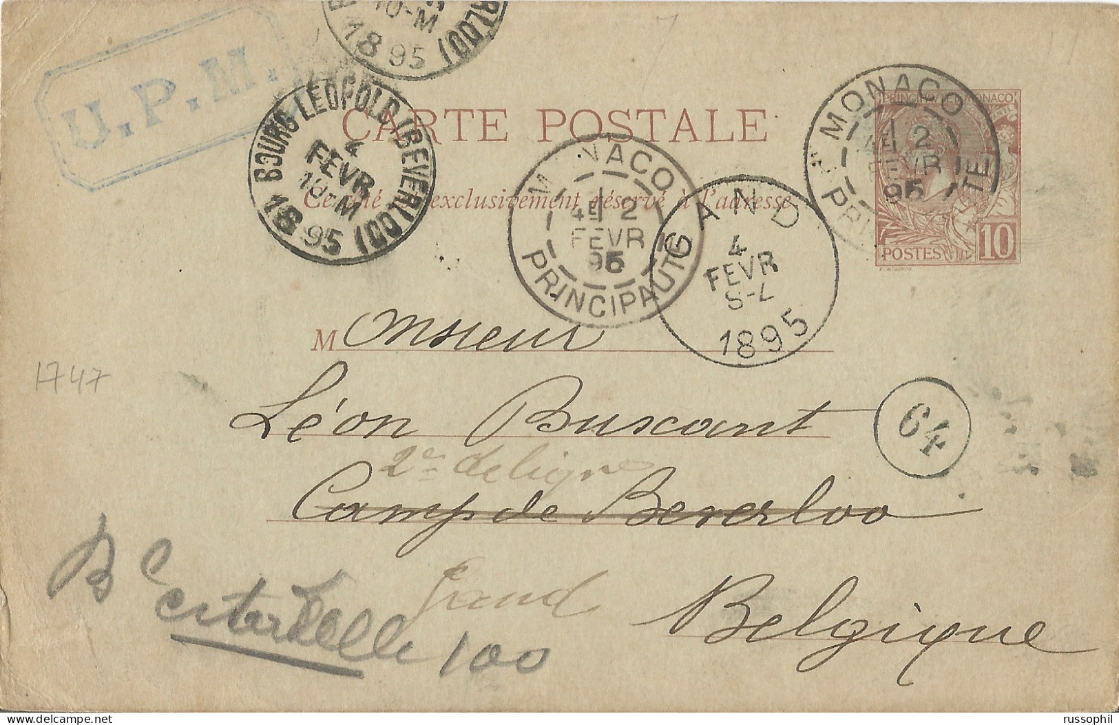 MONACO - 10 CENT POSTAL STATIONERY TO BELGIUM - EARLY "UNION PHILATELIQUE MONEGASQUE - UPM" MEMORABILIA - 1895 - Storia Postale