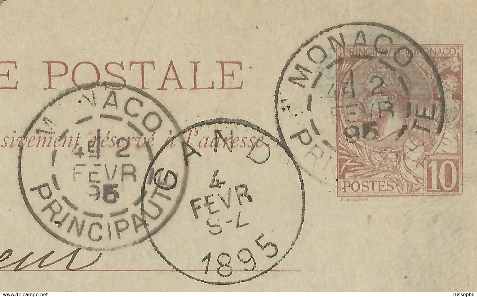 MONACO - 10 CENT POSTAL STATIONERY TO BELGIUM - EARLY "UNION PHILATELIQUE MONEGASQUE - UPM" MEMORABILIA - 1895 - Cartas & Documentos