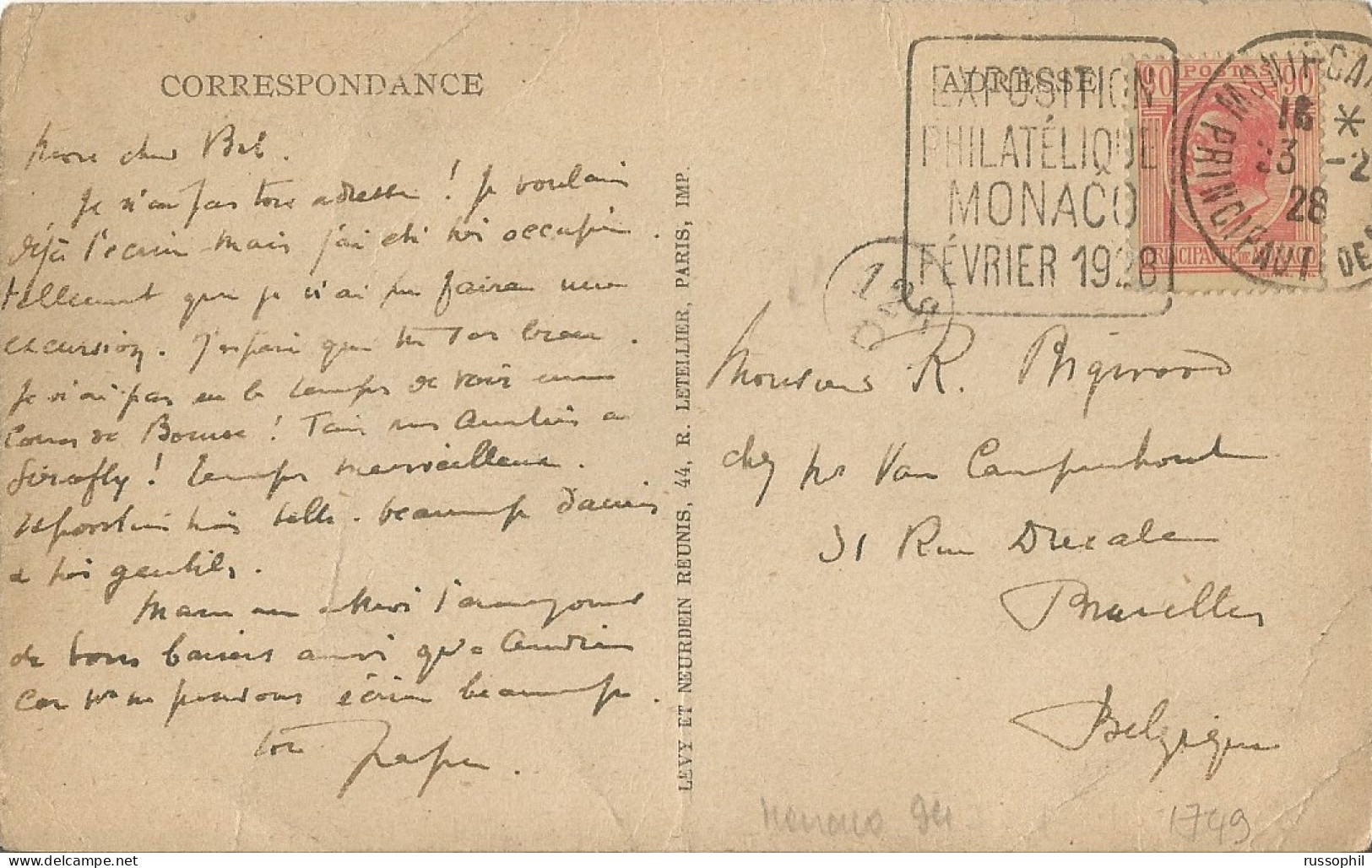 MONACO - DAGUIN "EXPOSITION PHILATELIQUE MONACO FEVRIER 1928" ON FRANKED PC (VIEW OF MONACO) TO BELGIUM - 1928  - Lettres & Documents