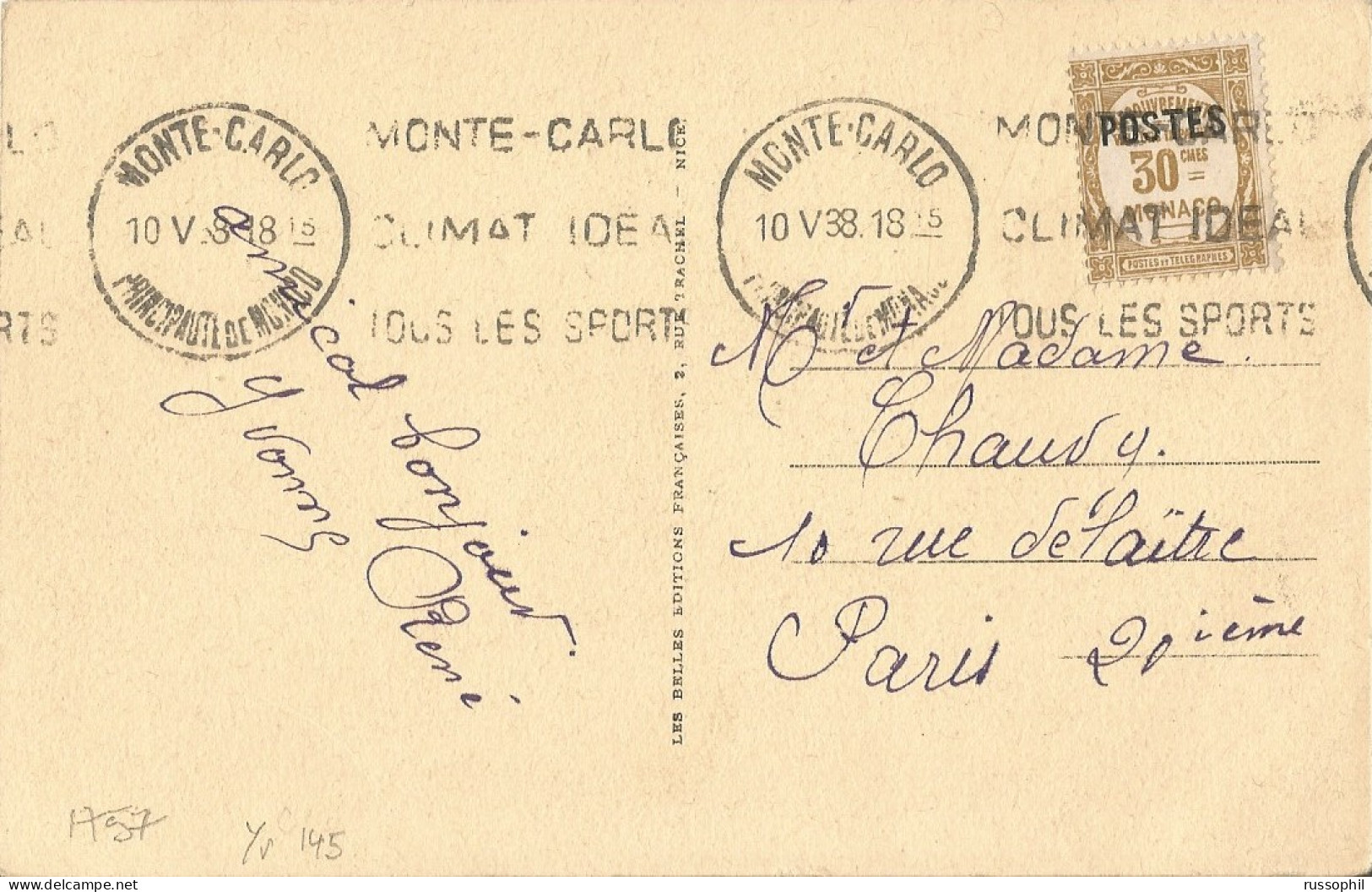 MONACO - Yv #145  ALONE FRANKING PC (VIEW OF MONACO) TO PARIS - 1938  - Covers & Documents
