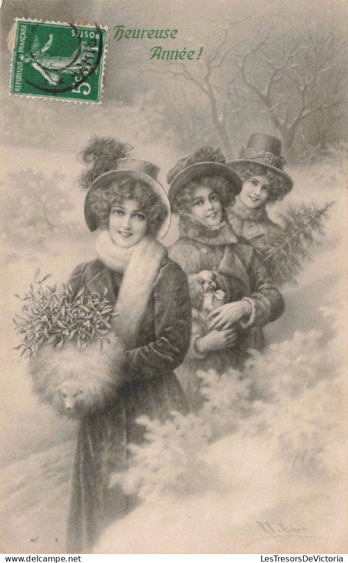 Illustrateur - Wichera - Trois Femmes En Hiver - Guy - Sapin - Carte Postale Ancienne - Wichera