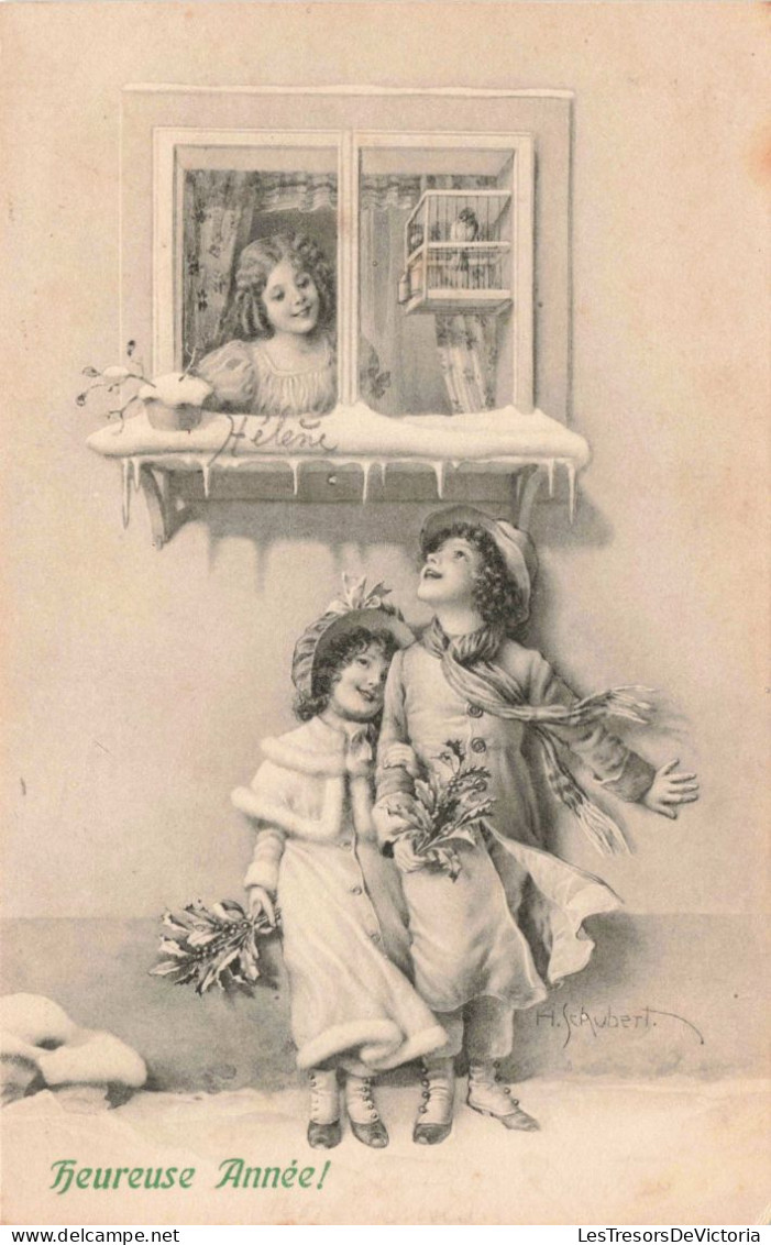 Illustrateur - Schubert - Deux Enfants Sous Une Fenêtre Font Une Blague - Heureuse Année! - Carte Postale Ancienne - Schubert