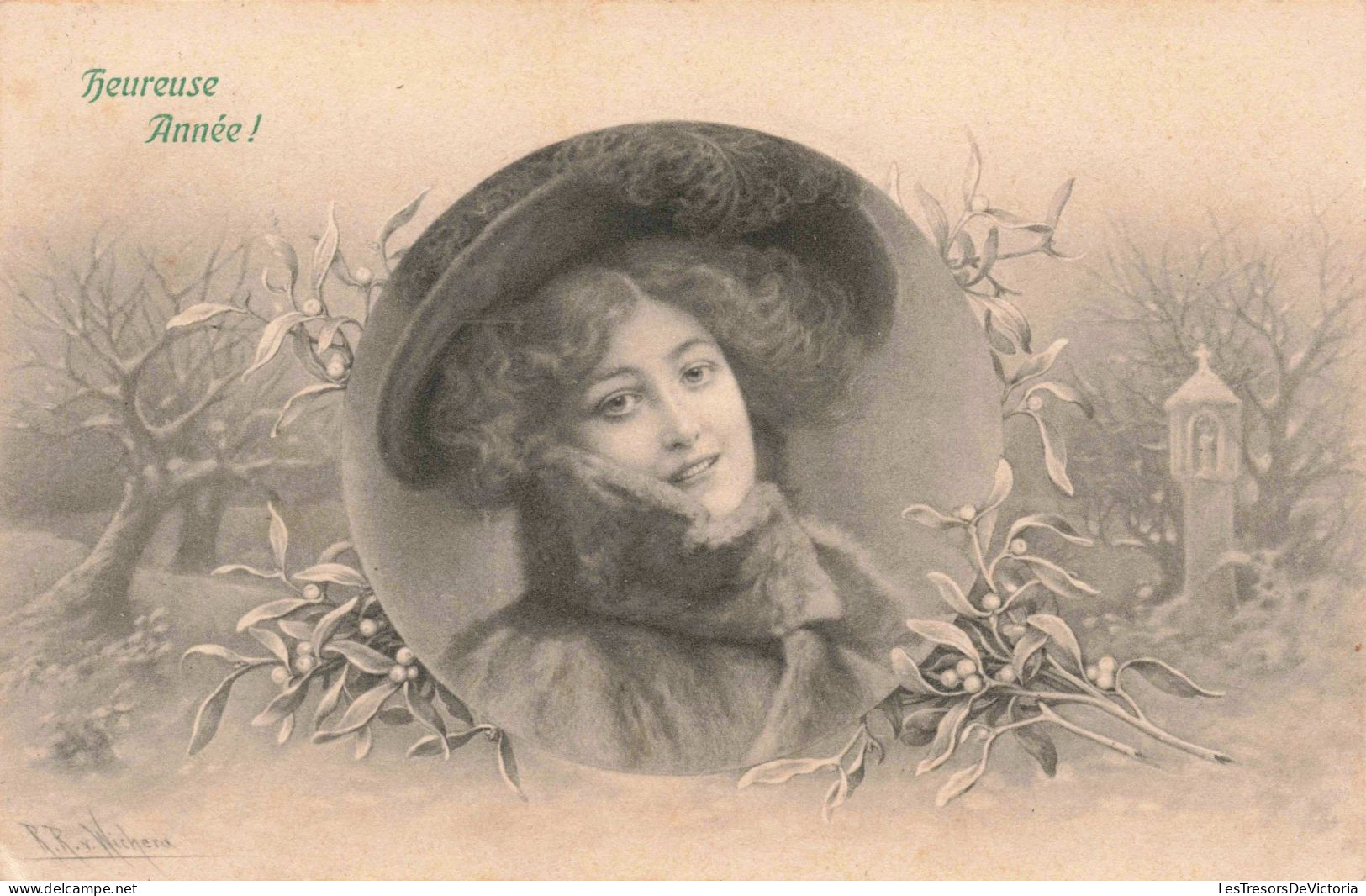 Illustrateur - Wichera - Heureuse Année - Femme En Hiver Dans Médaillon - Houx - Obl. Ambulant - Carte Postale Ancienne - Wichera