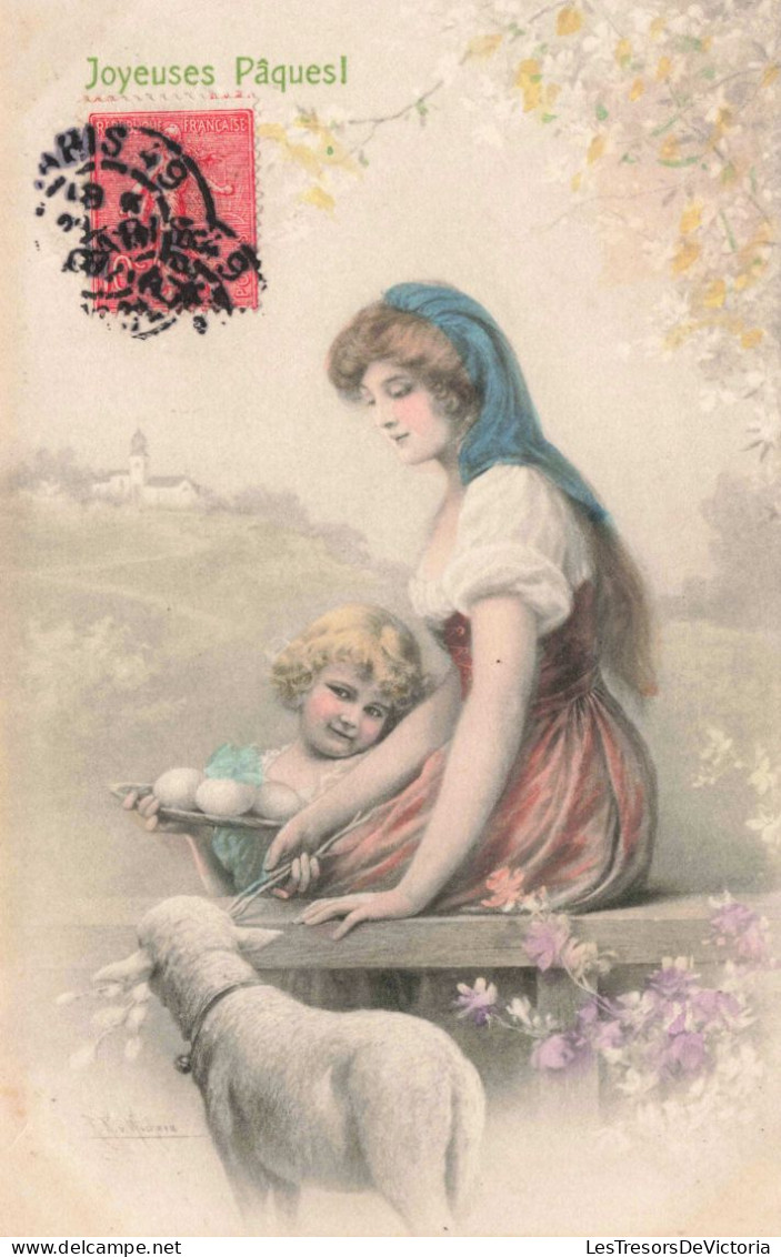 Illustrateur - Wichera - Femme Et Enfant Avec Un Agneau -  Joyeuses Pâques - Carte Postale Ancienne - Wichera