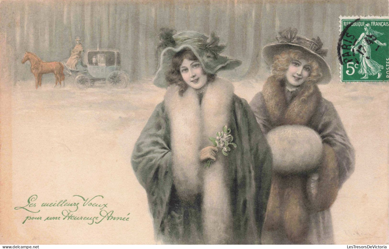 Illustrateur - Wichera - Les Meilleurs Voeux Pour Une Heureuse Année - Deux Femme En Hiver - Carte Postale Ancienne - Wichera