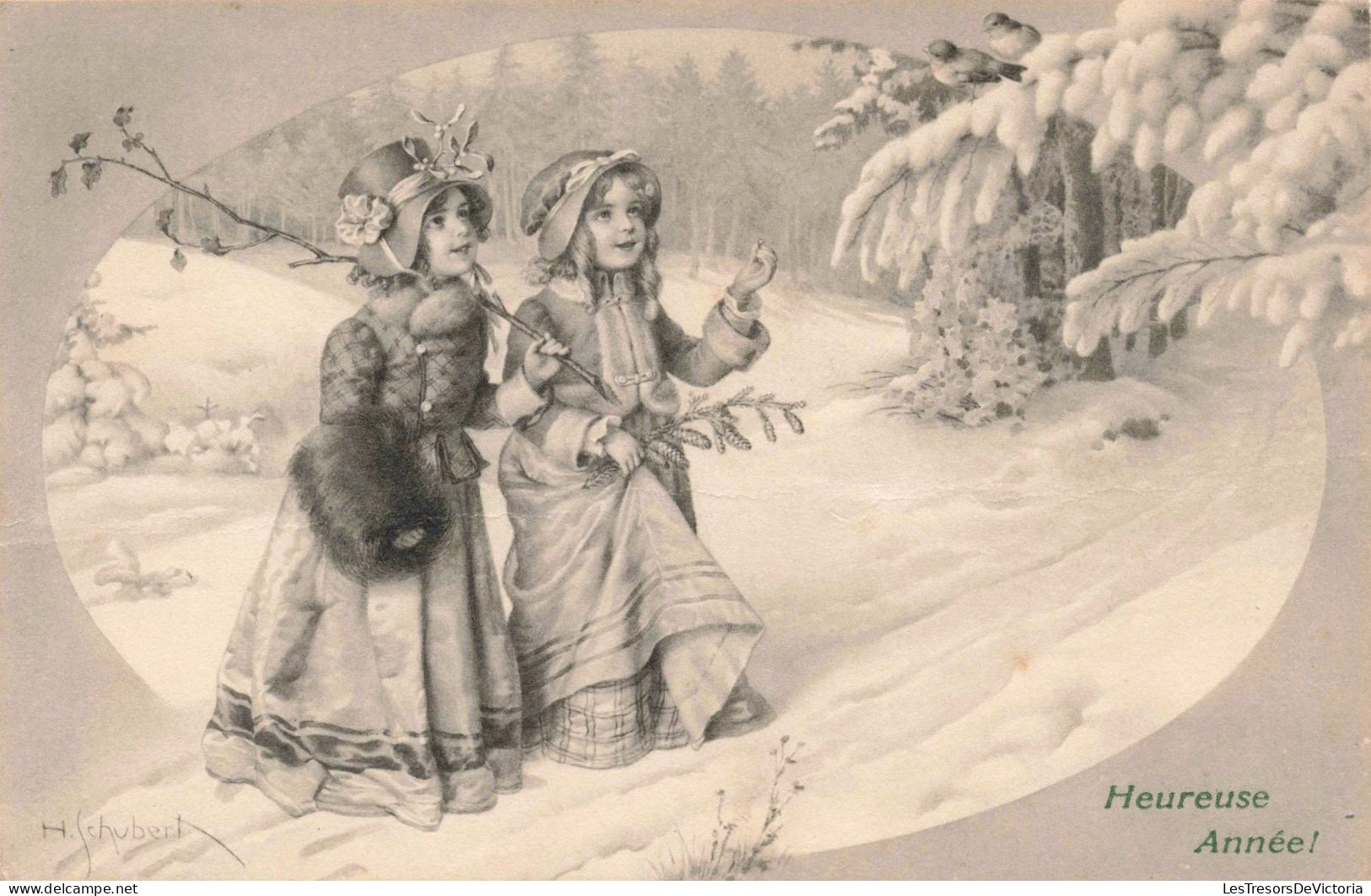 Illustrateur - Schubert - Deux Petites Filles Dans La Neige - Heureuse Année- Carte Postale Ancienne - Schubert