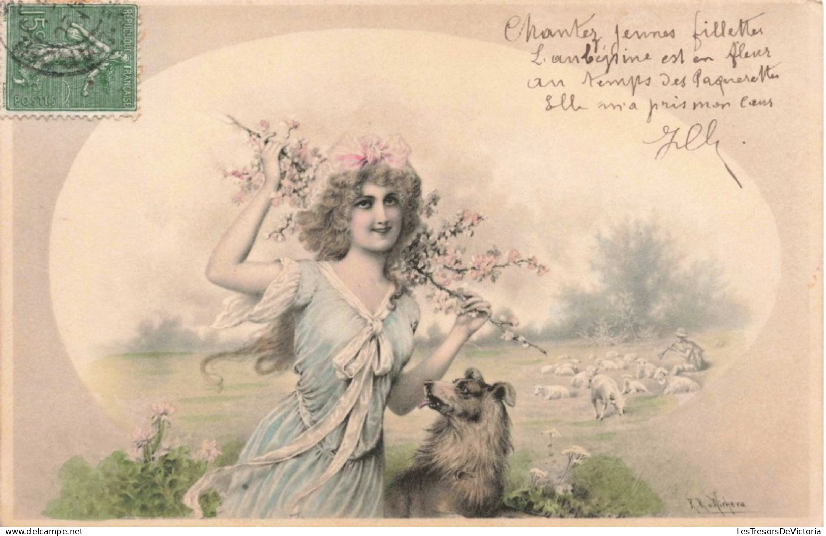 Illustrateur - Wichera - Jeune Femme Avec Une Branche De Cerisier En Fleur - Carte Postale Ancienne - Wichera