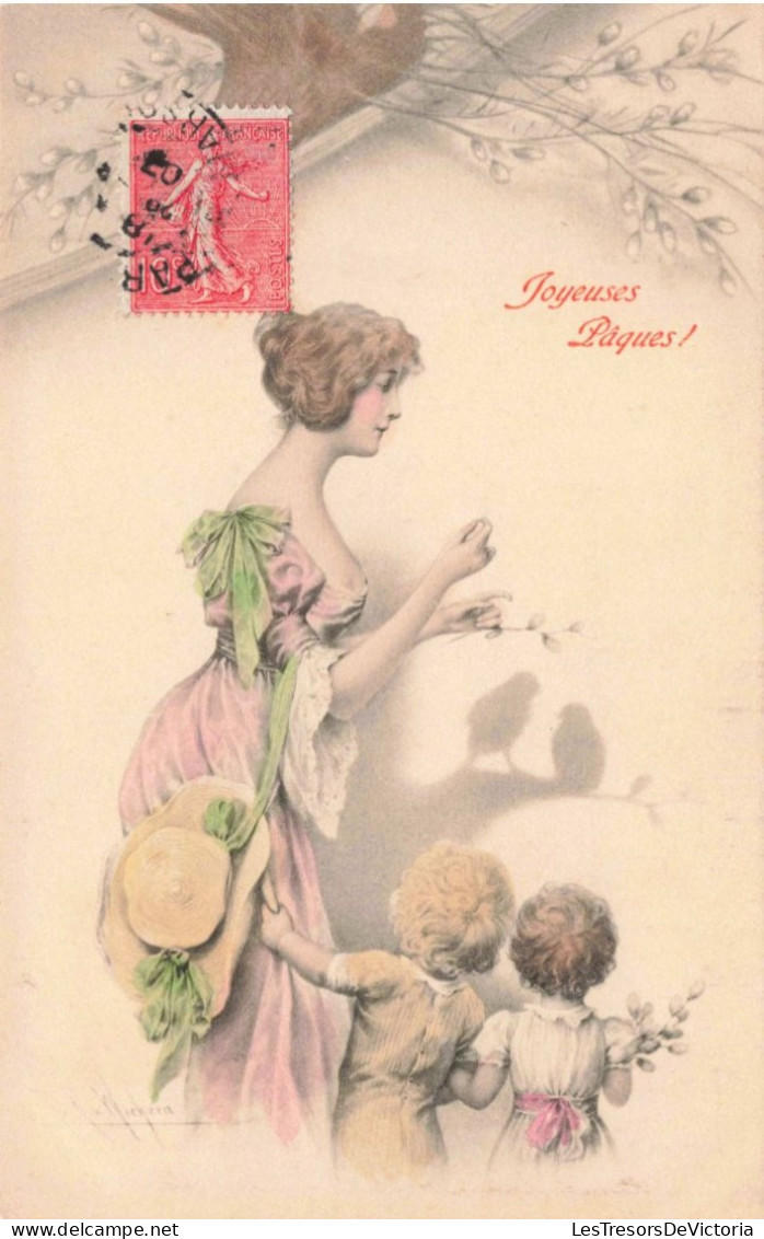 Illustrateur - Wichera - Femme Avec Deux Enfants Qui Joue Aux Ombres Chinoises - Joyeuses Pâques- Carte Postale Ancienne - Wichera