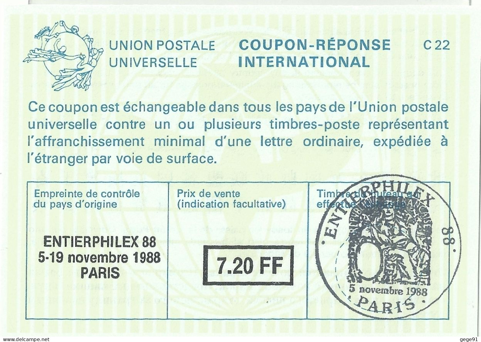 Coupon Réponse International Repiqué Entierphilex 88 - Coupons-réponse