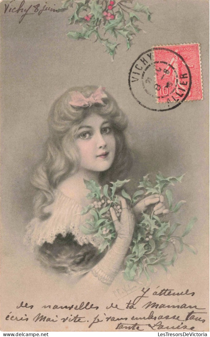 Illustrateur - Wichera - Jeune Fille Avec Du Houx - Joyeuses Pâques- Carte Postale Ancienne - Wichera