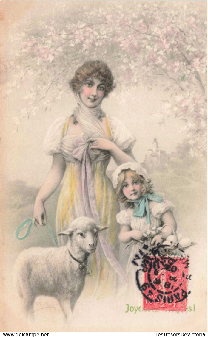 Illustrateur - Wichera - Femme Et Enfant Avec Un Agneau - Joyeuse Pâques - Carte Postale Ancienne - Wichera