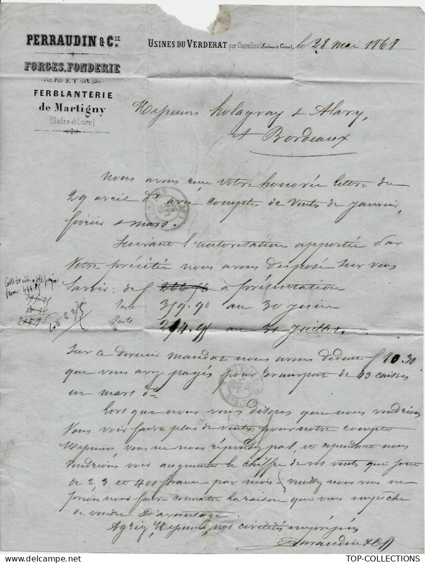1868  ENTETE Perraudin Forges Fonderie Ferblanterie  Martigny Saone Et Loire Usines Du Verderat Par Charolles - 1800 – 1899