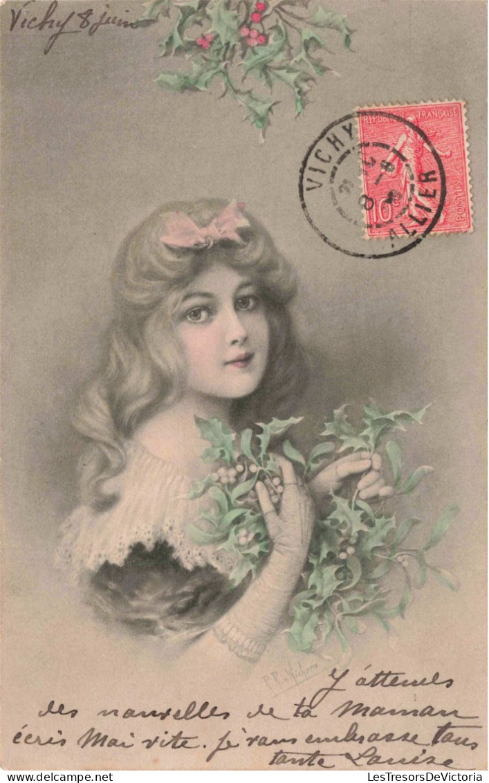 Illustrateur - Wichera - HEUREUSE ANN2E _ Portrait D'une Jeune Fille Avec Du Houx - Carte Postale Ancienne - Wichera