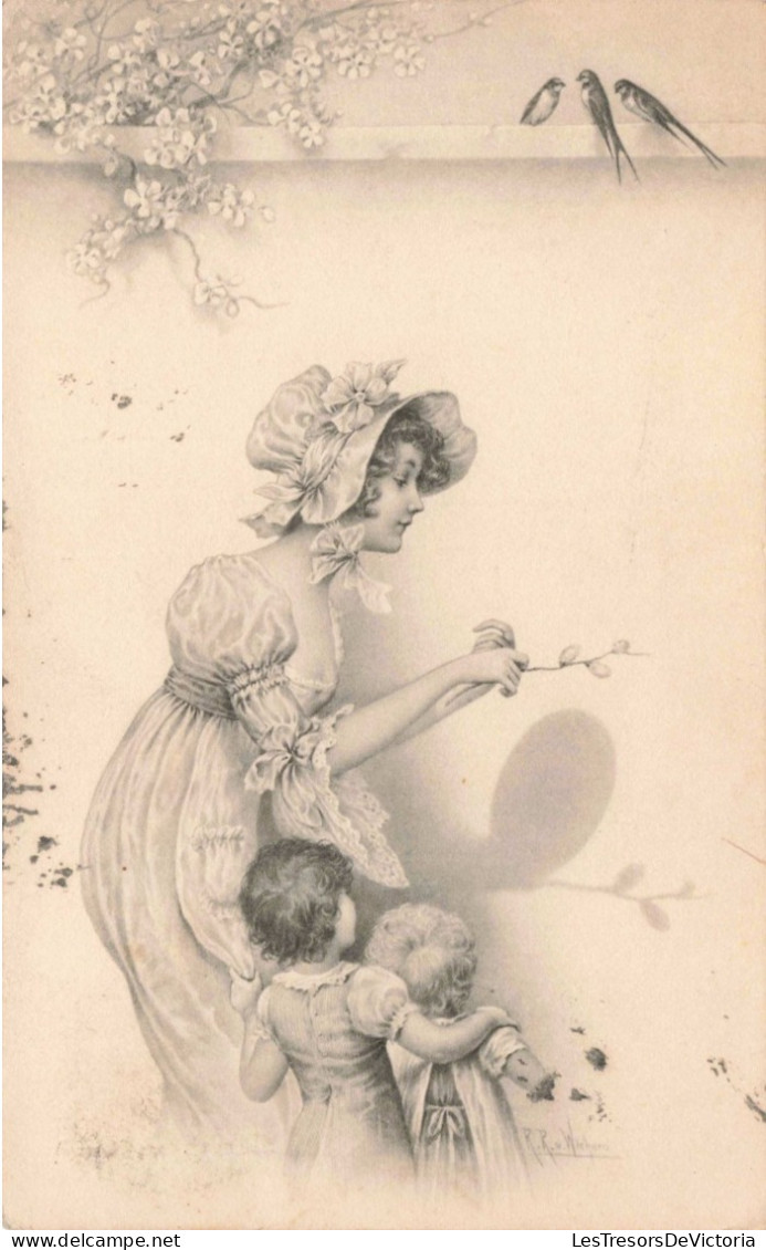 Illustrateur - Wichera - Jeune Femme Jouant Aux Ombres Chinoises Avec Deux Enfants -  Carte Postale Ancienne - Wagner, Richard