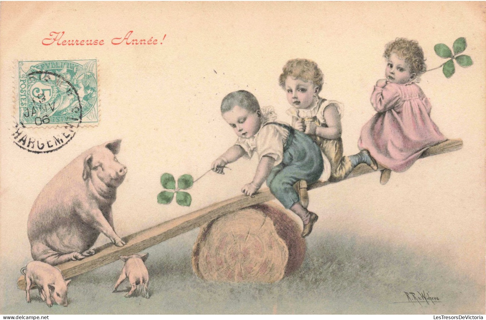 Illustrateur - Wichera - Heureuse Année - Enfants Qui Jouent à La Balançoire Avec Des Cochons -  Carte Postale Ancienne - Wichera