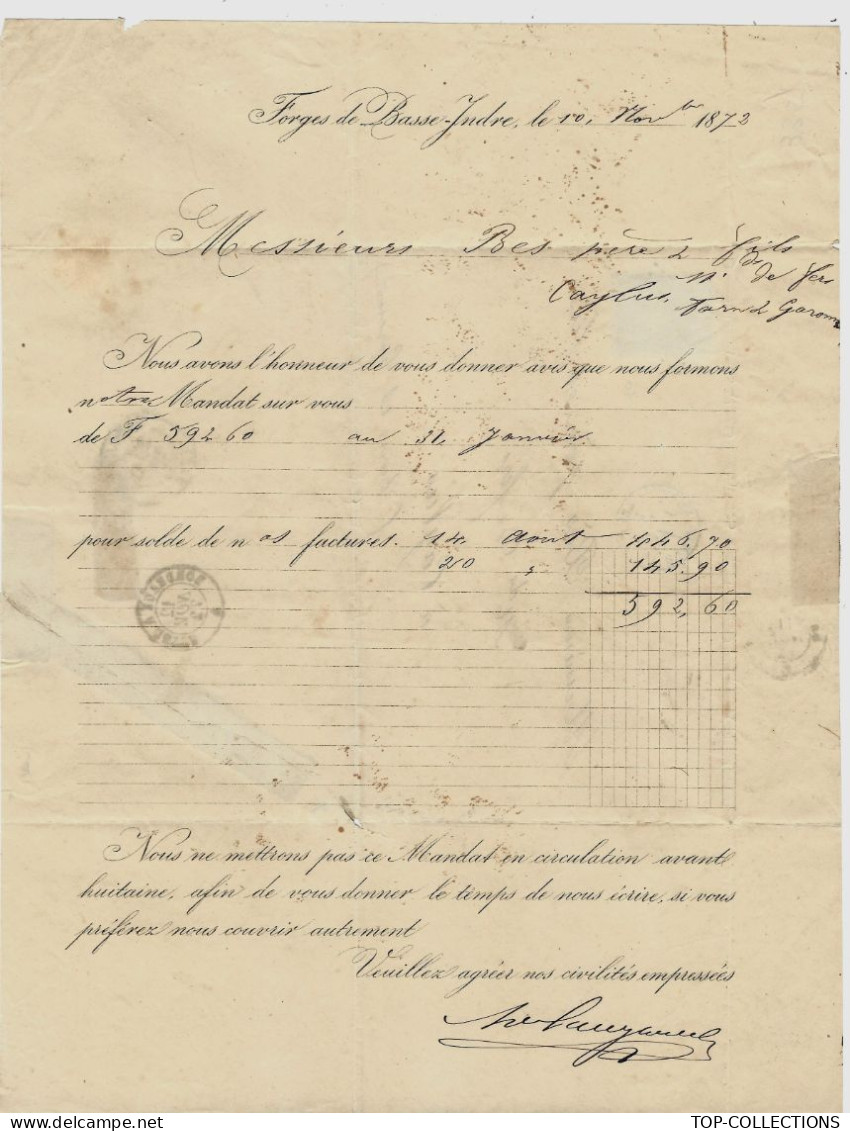 1872  Forges De Basse Indre  AD.n Langlois à Basse Indre Loire Atlantique  Pour Bes à Caylus Tarn & Garonne V.HISTORIQUE - 1800 – 1899