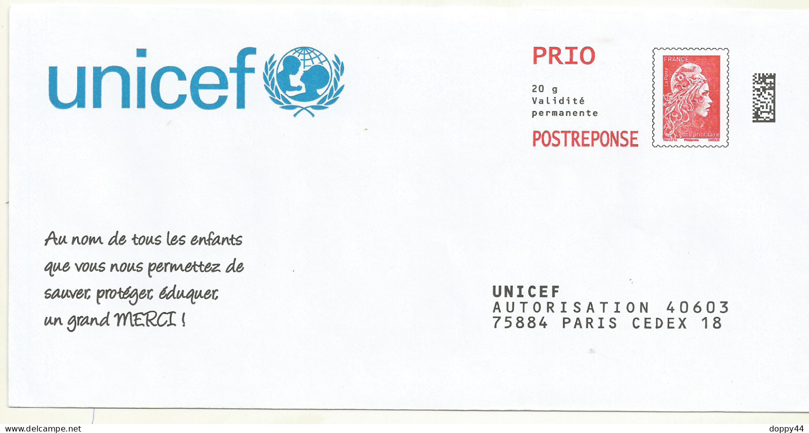 POSTREPONSE PRIO UNICEF LOT 229148. - PAP : Antwoord /Marianne L'Engagée