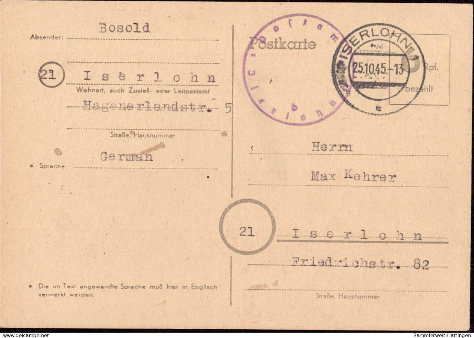 602248 | 1945, Ganzsache Der Britischen Zone Mit Postamtssiegel  | Iserlohn (W - 5860), -, - - OC38/54 Belgische Besetzung In Deutschland