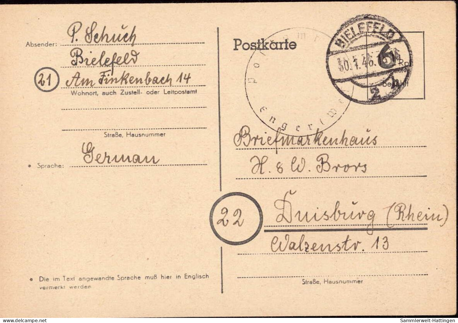 602245 | 1945, Ganzsache Der Britischen Zone Mit Postamtssiegel Aufgegeben In Bielefeld  | Enger (W - 4904), -, - - OC38/54 Belgische Bezetting In Duitsland