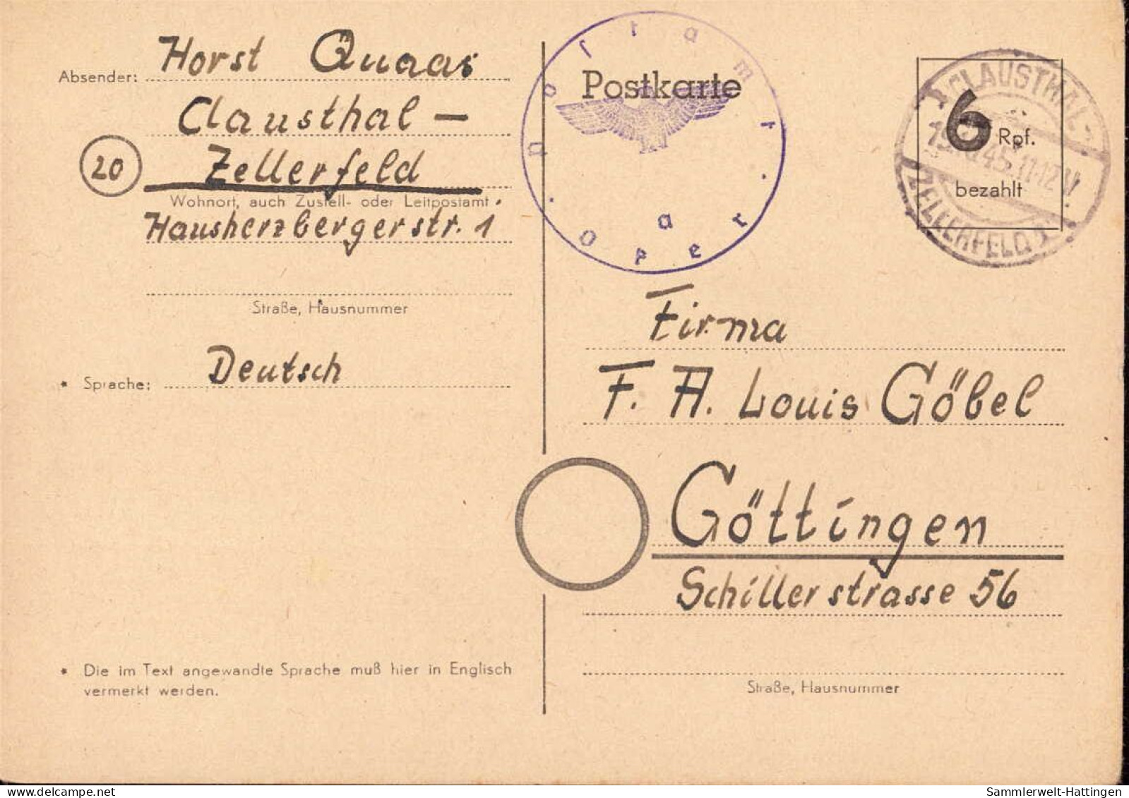 602244 | 1945, Ganzsache Der Britischen Zone Mit Postamtssiegel Aufgegeben In Clausthal Zellerfeld  | Oker, -, - - OC38/54 Occupation Belge En Allemagne