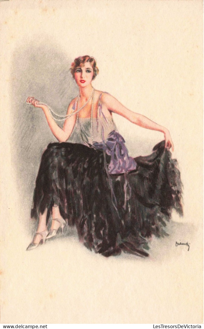 Illustrateur - Biamtiz ? - Femme En Jupe Noire Assise - Collier De Perles  -   Carte Postale Ancienne - Biais