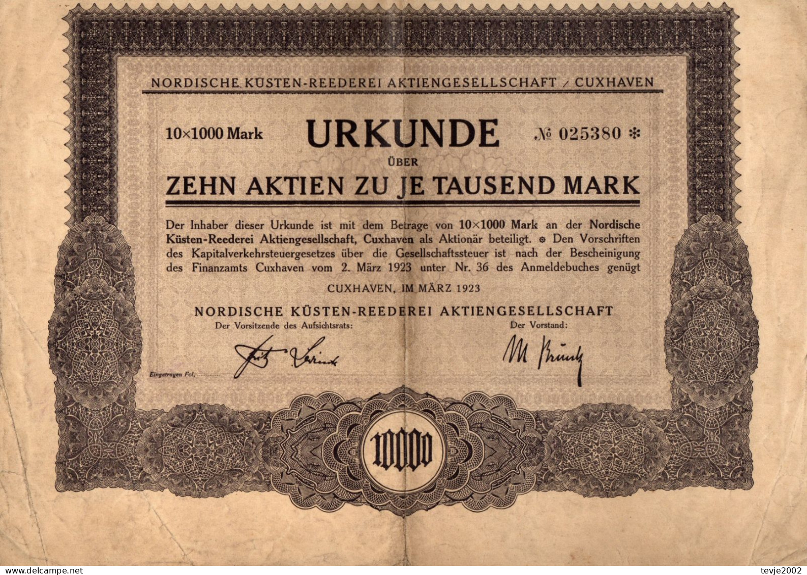 Urkunde über 10 Aktien+ Erneuerungsschein  - Nordische Küsten-Reederei AG Cuxhaven - 1923 - - Navigation
