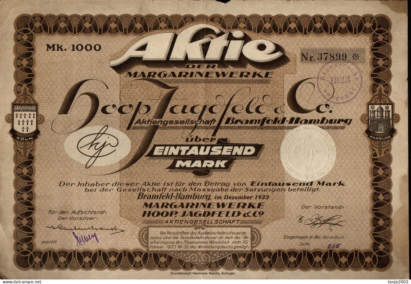 Aktie + Erneuerungsschein  - Margarinewerke Hoop, Jagdfeld & Co. - 1922 - G - I