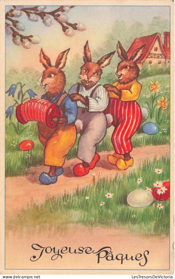 FÊTES ET VOEUX - Joyeuses Pâques - Lapins Jouant De L'accordéon - Carte Postale Ancienne - Pâques