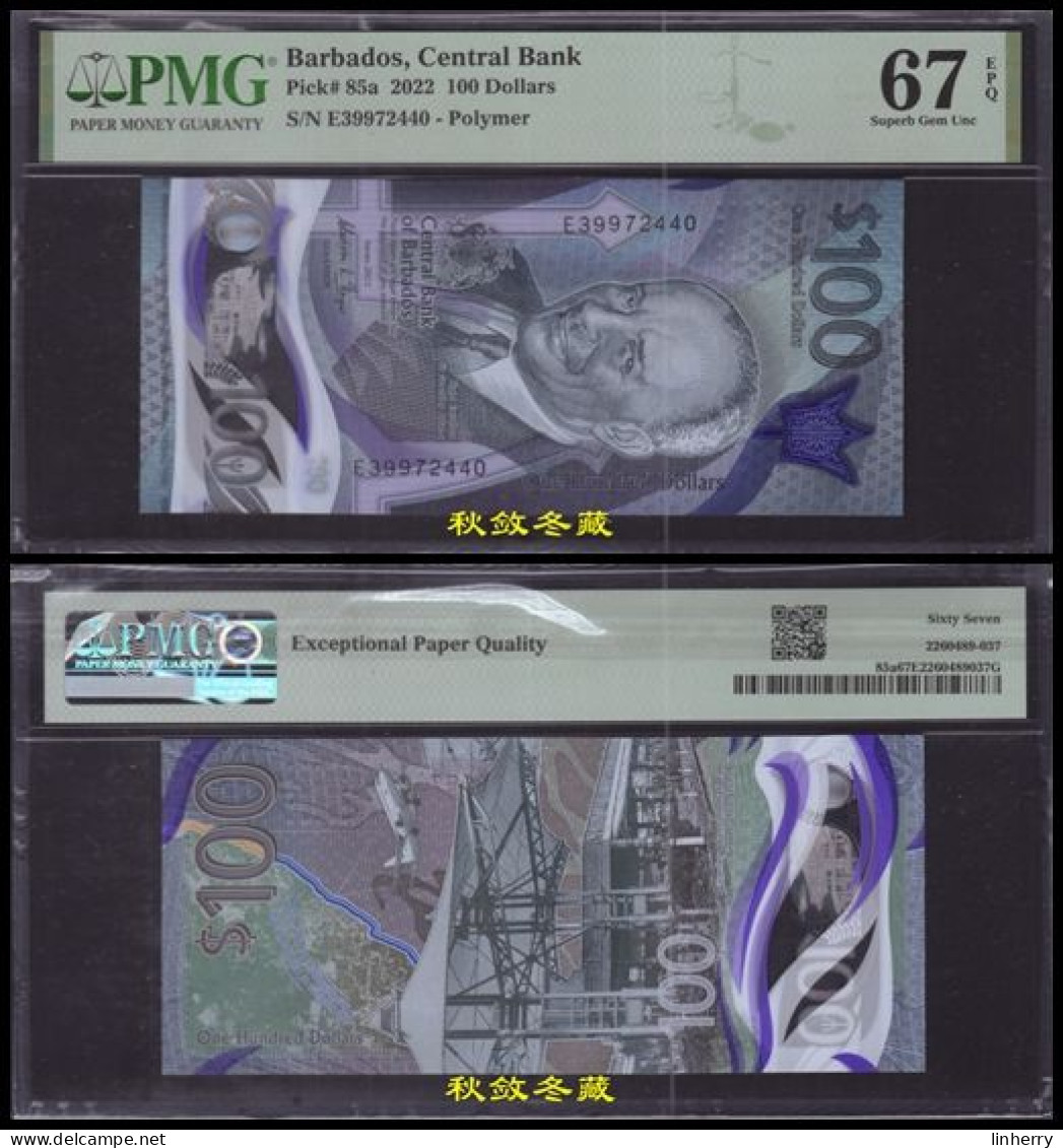 Barbados 100 Dollars, 2022, Polymer, E39 Prefix, PMG67 - Barbados