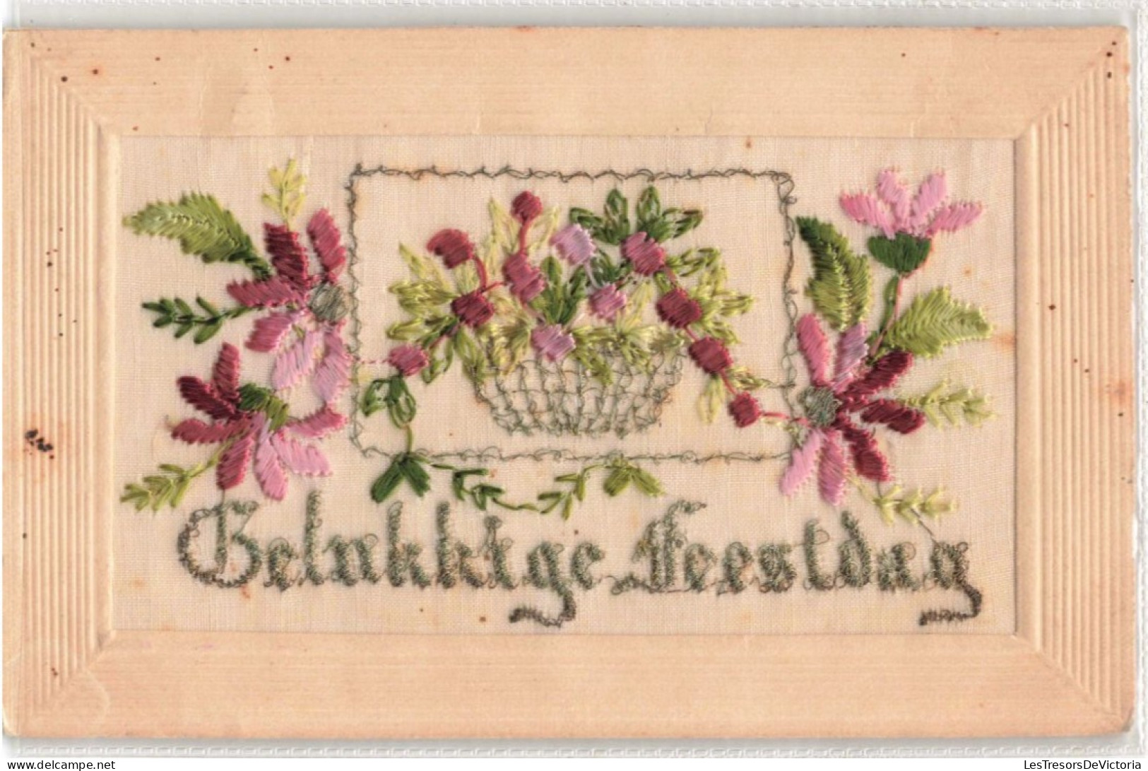 FANTAISIES - Gelukkige Feestdag - Brodée - Colorisé - Carte Postale Ancienne - Embroidered