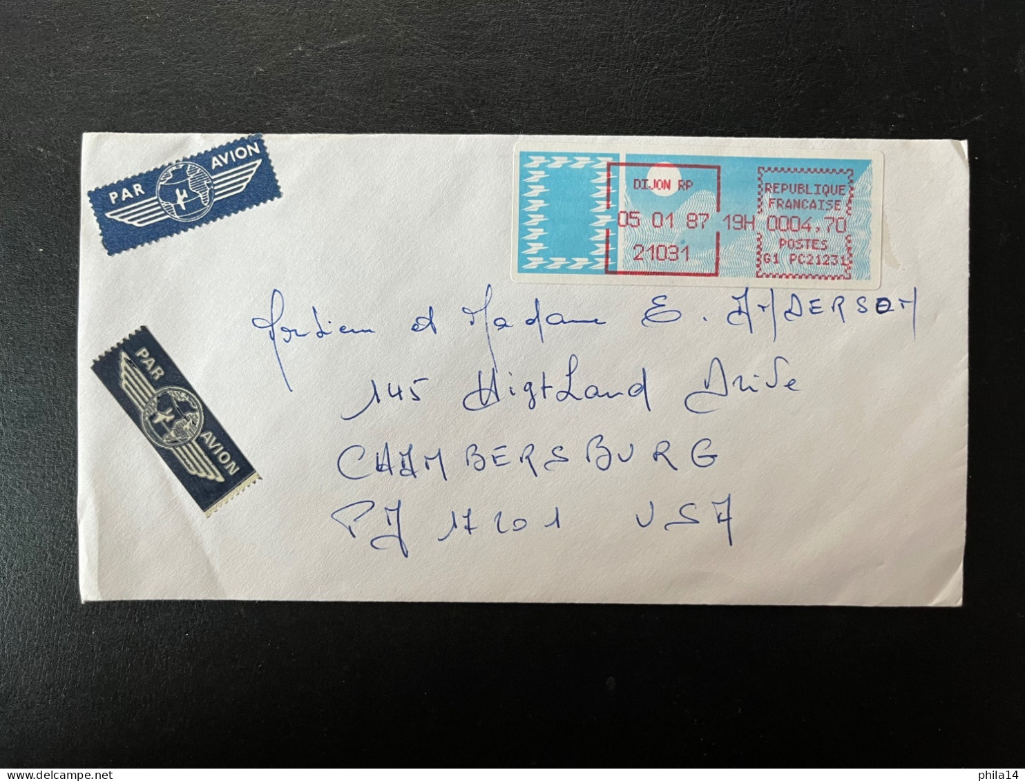 ENVELOPPE LISA / DIJON RP 1987 POUR CHAMBERSBURG SUISSE - Briefe U. Dokumente