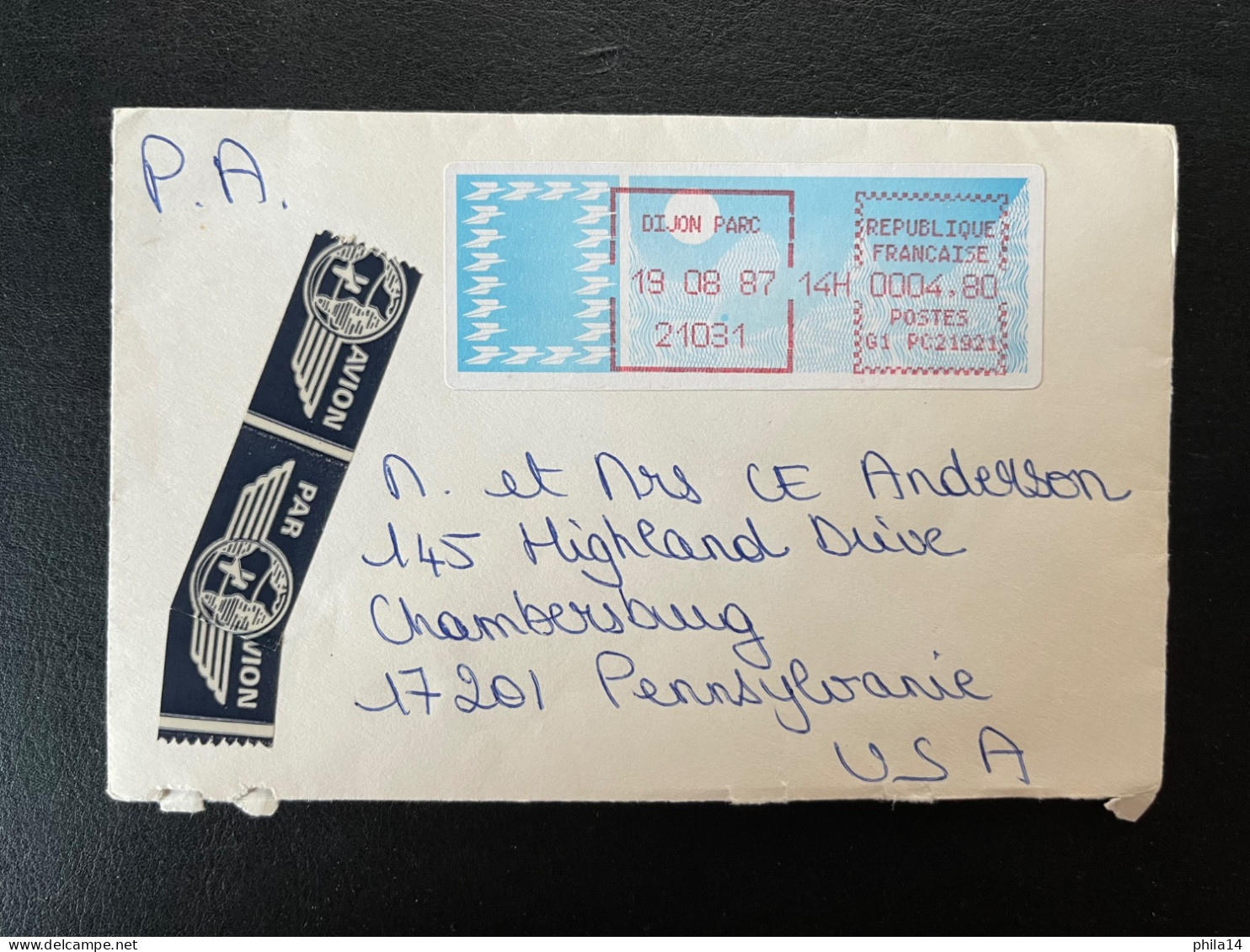 ENVELOPPE LISA / DIJON PARC 1987 POUR PENNSYLVANIE USA - Briefe U. Dokumente