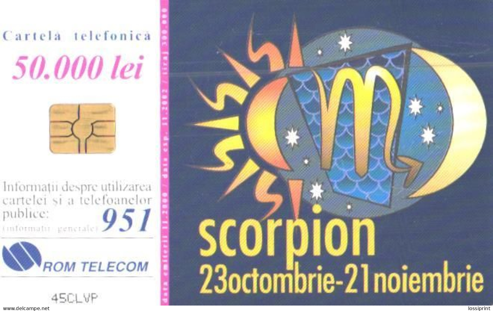 Romania:Used Phonecard, Romtelecom, 50000 Lei, Zodiac, Scorpion, 2000 - Dierenriem