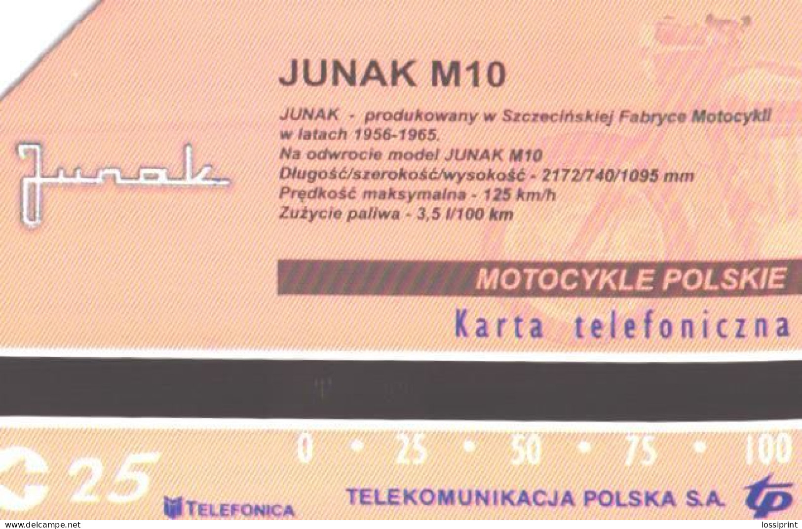 Poland:Used Phonecard, Telekomunikacja Polska S.A., 25 Units, Motorbike Junak M10 - Motorbikes