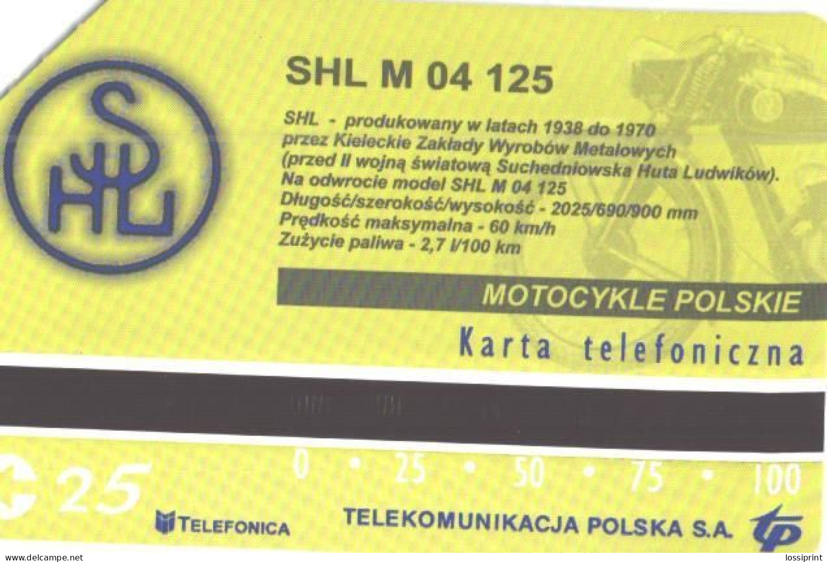 Poland:Used Phonecard, Telekomunikacja Polska S.A., 25 Units, Motorbike SHL M 04 125 - Motorbikes