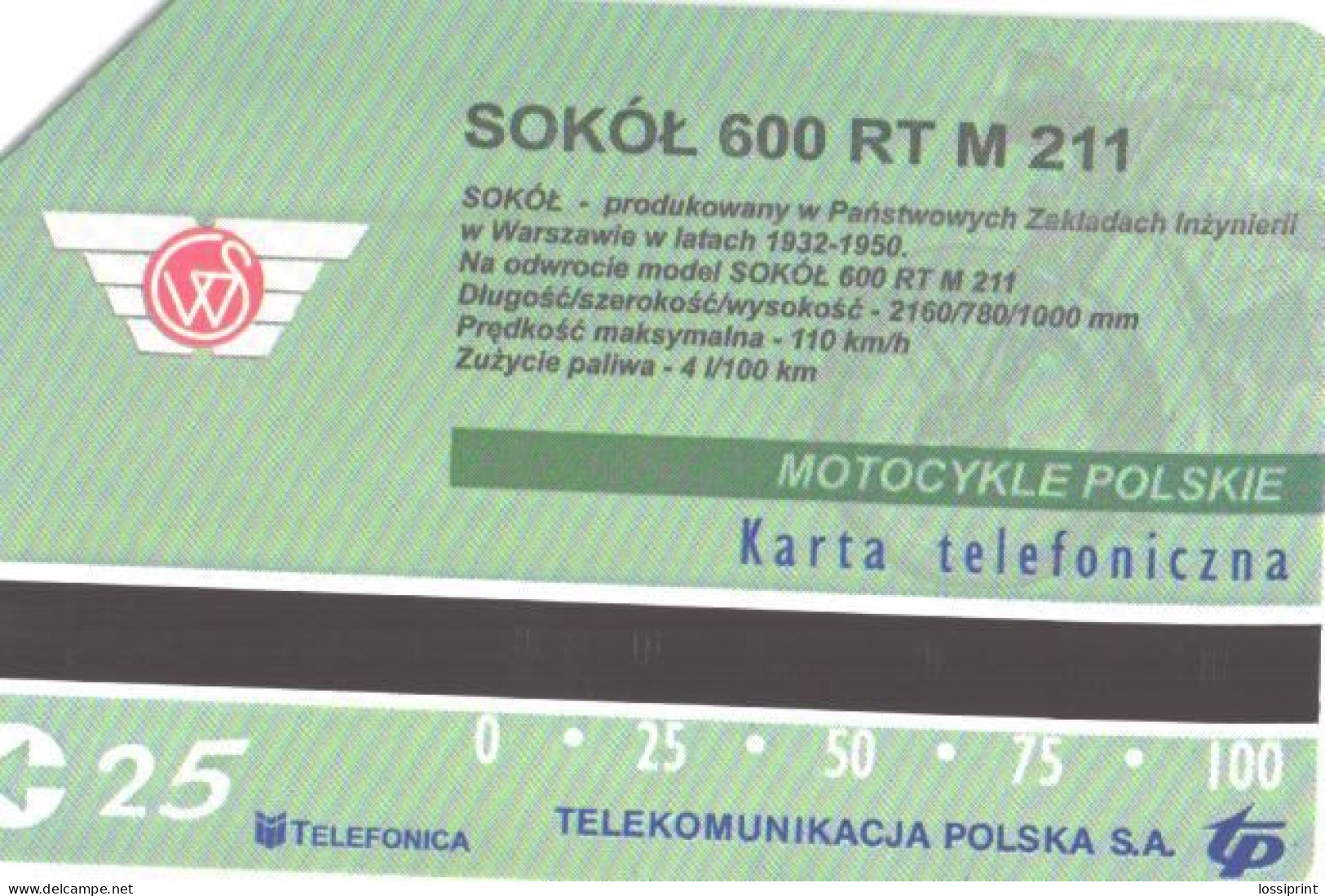 Poland:Used Phonecard, Telekomunikacja Polska S.A., 25 Units, Motorbike Sokol 600 RT M 211 - Motorräder