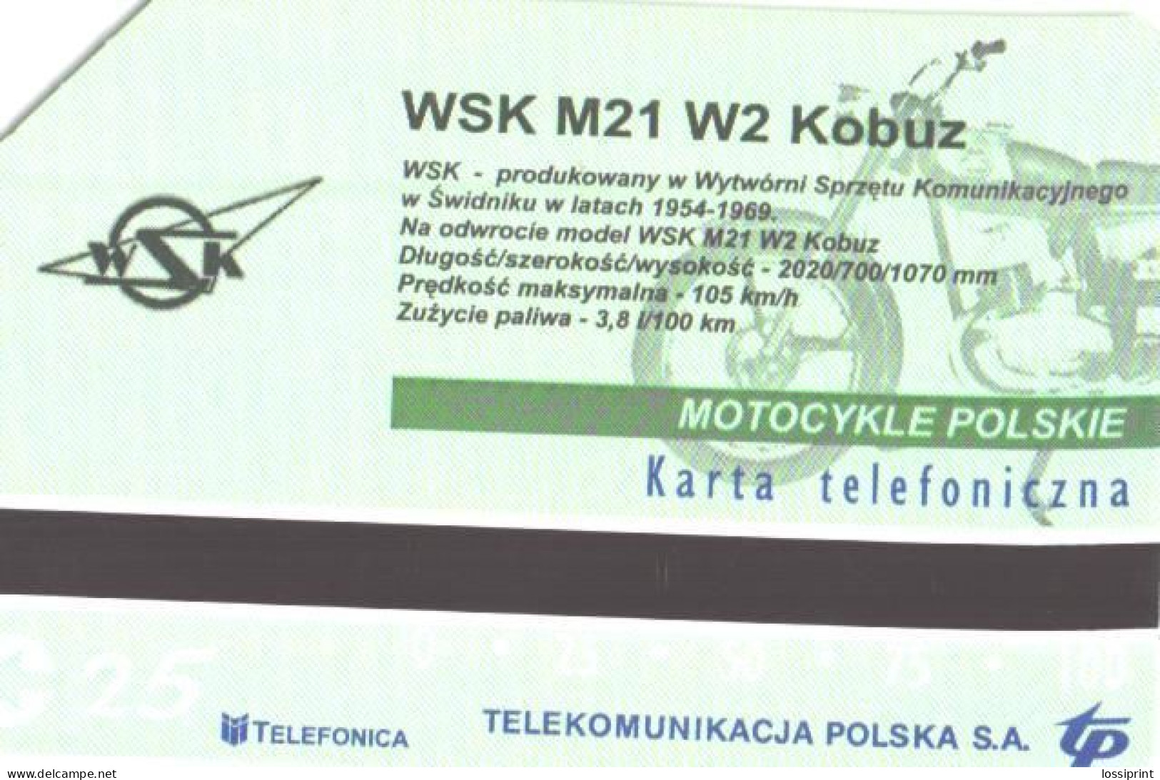 Poland:Used Phonecard, Telekomunikacja Polska S.A., 25 Units, Motorbike WSK M21 W2 Kobuz - Motorräder