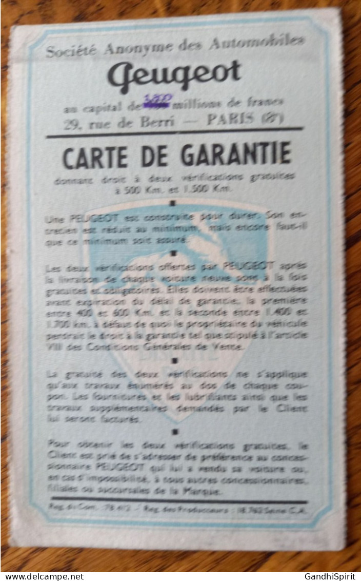 1950 Automobile, Voiture Peugeot 203 Carte De Garantie, Garage SVICA Vincennes, MR Noel Laurent De Saint Mandé - Automobili