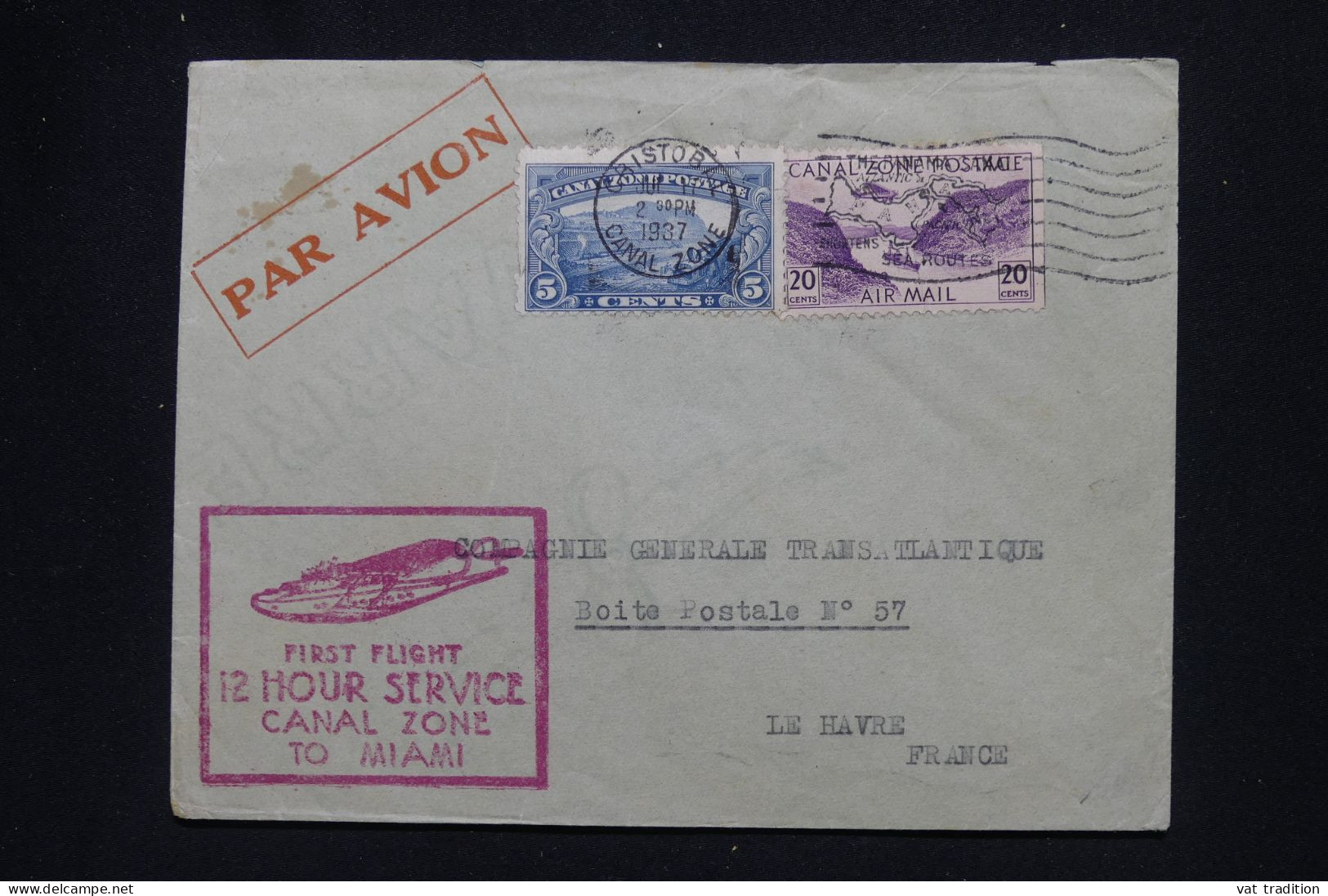 CANAL ZONE - Enveloppe De Cristobal  Pour La France En 1937 Par Avion  - L 147116 - Kanaalzone