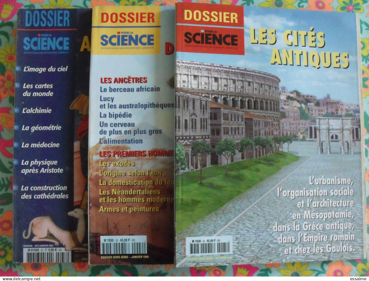 Lot De 3 Revues Dossier Pour La Science 1999-2003. Cités Antiques, Origines De L'humanité, Sciences Au Moyen Age - Ciencia