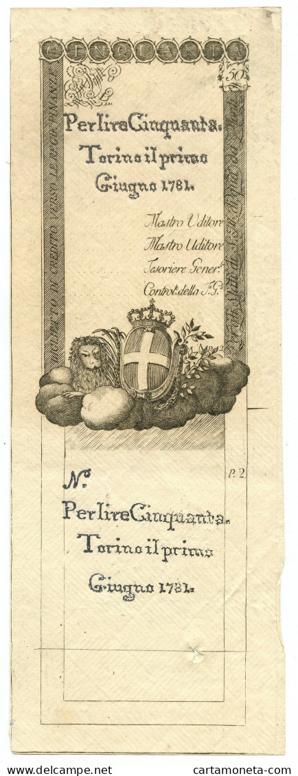 50 LIRE NON EMESSO CON MATRICE REGIE FINANZE TORINO R DI SARDEGNA 01/06/1781 SUP - Otros & Sin Clasificación