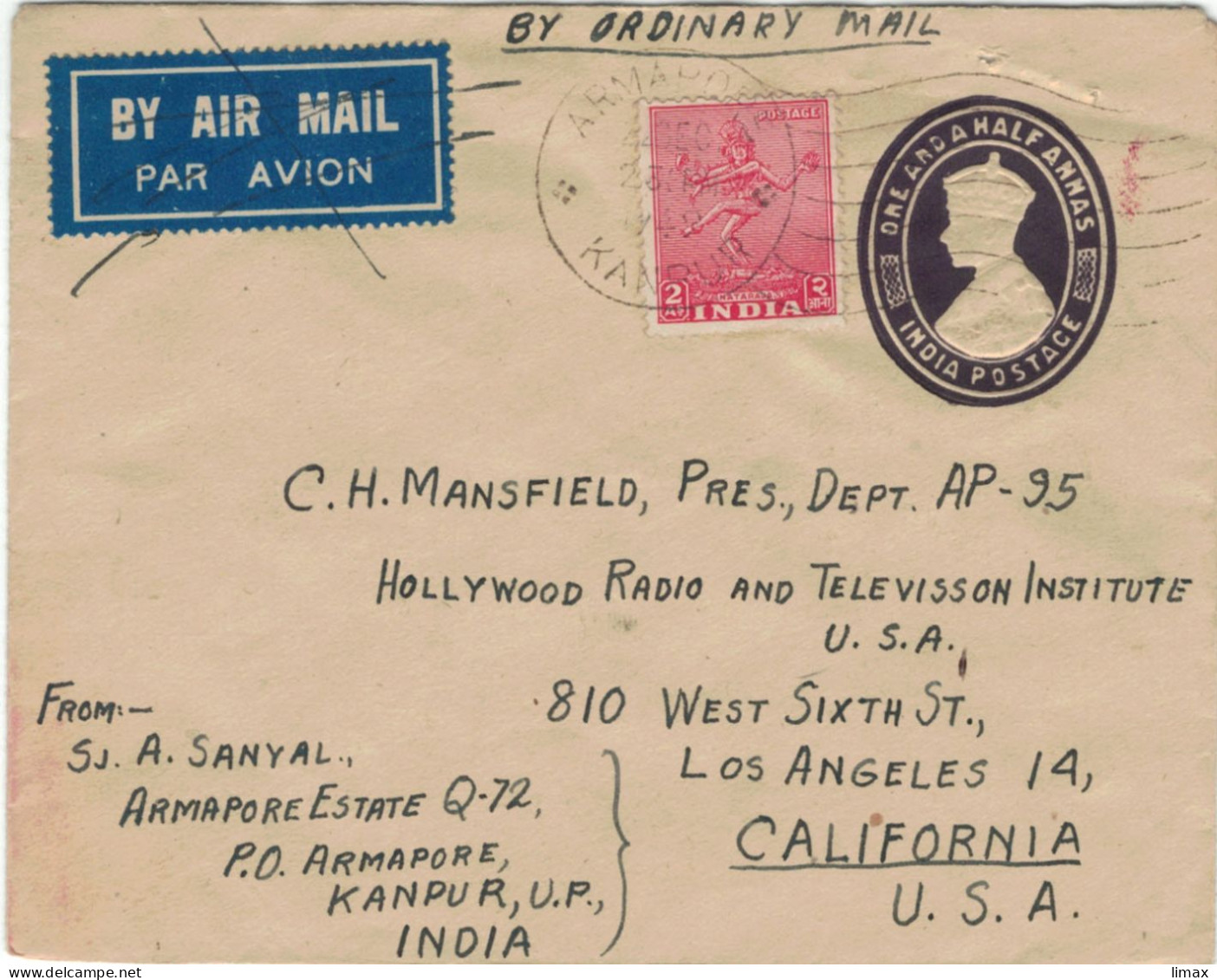 Sanyal Armapore Kanpur 1949 > Mansfield Los Angeles - Ganzsache ZufrANKIERUNG - Sobres