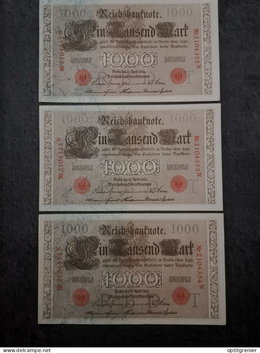 LOT 3 BILLETS N° SUIVIS 1000 MARK 21 04 1910 BERLIN SERIE T REICHSBANKNOTE ALLEMAGNE - 1000 Mark