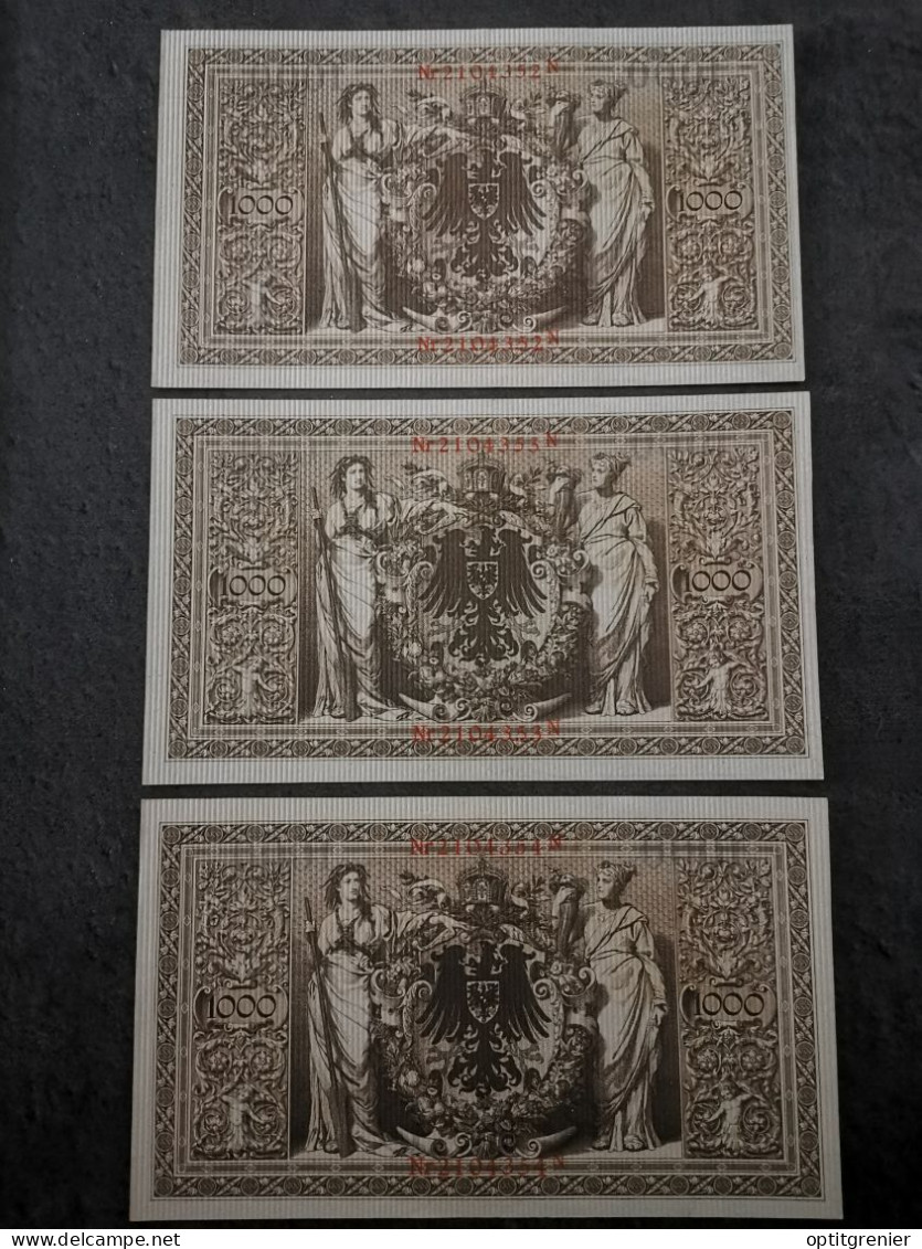 LOT 3 BILLETS N° SUIVIS 1000 MARK 21 04 1910 BERLIN SERIE T REICHSBANKNOTE ALLEMAGNE - 1.000 Mark