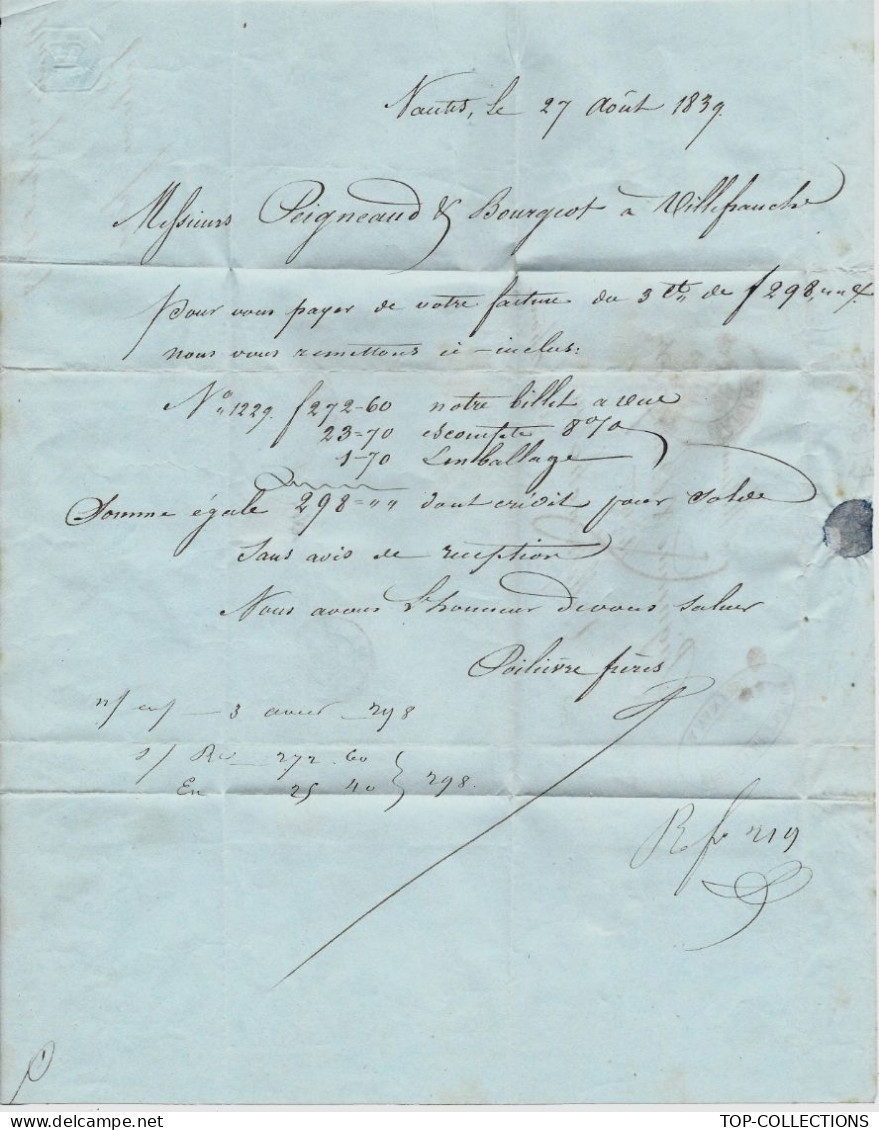 1839  Poilièvre Frères  Draperie En Gros Nantes  Pour Peigneaud & Bougeot  Négociants En Toilerie Villefranche S. Saone - 1800 – 1899